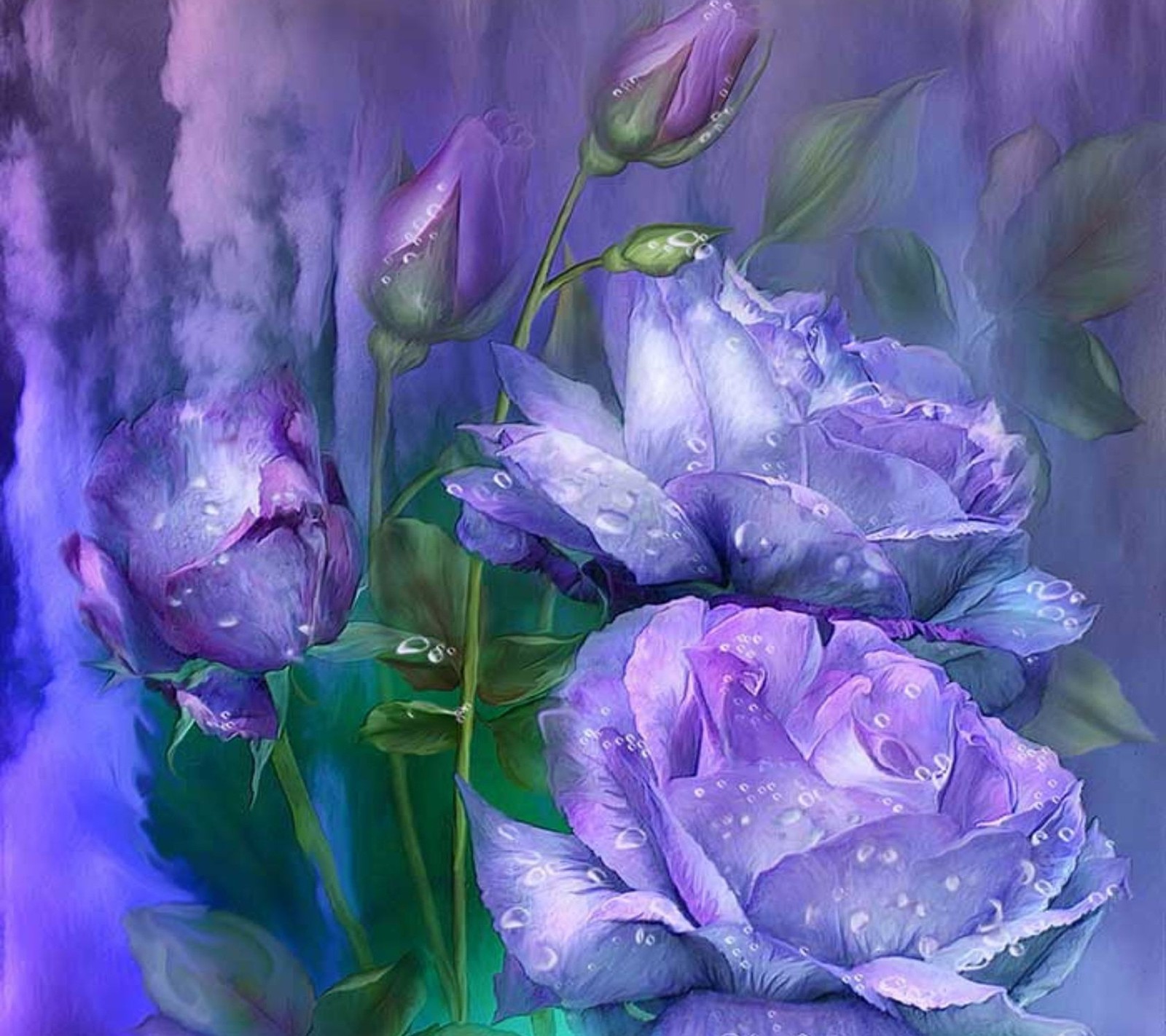 Pintura de rosas moradas con gotas de agua en un jarrón (hermoso, rosas)