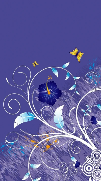 Design floral vibrant avec des accents bleus et jaunes sur un fond violet profond