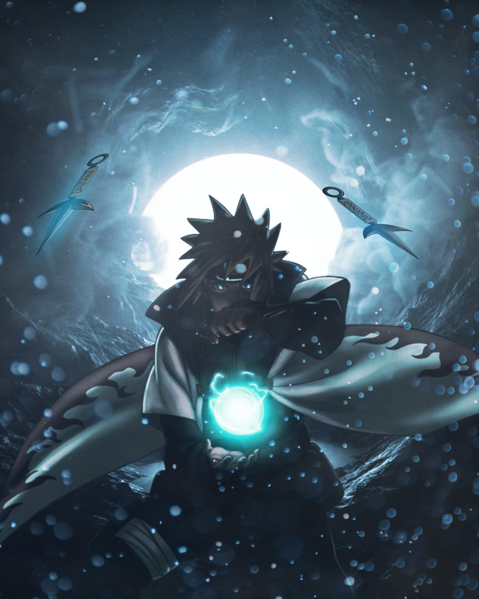 Personnage d'anime avec un orbe lumineux devant la pleine lune (fond danime, animw, minato, fond décran minato, naruto)