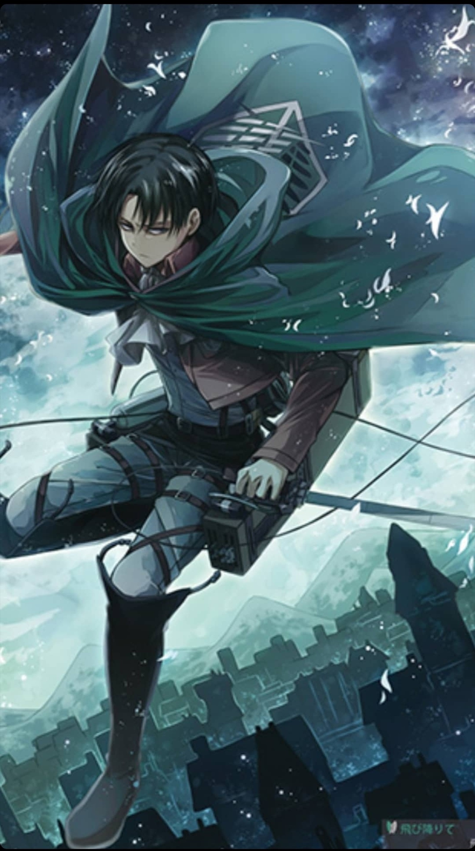 Personagem de anime voando pelo ar com uma espada na mão (attack on titan, eren, levi, shingeki no kyojin)