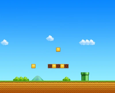 Niveau classique de Mario avec des blocs flottants et un tuyau vert