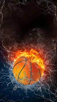 Fiery Basketball Burst: A Dynamic Fusion of Flames and Water