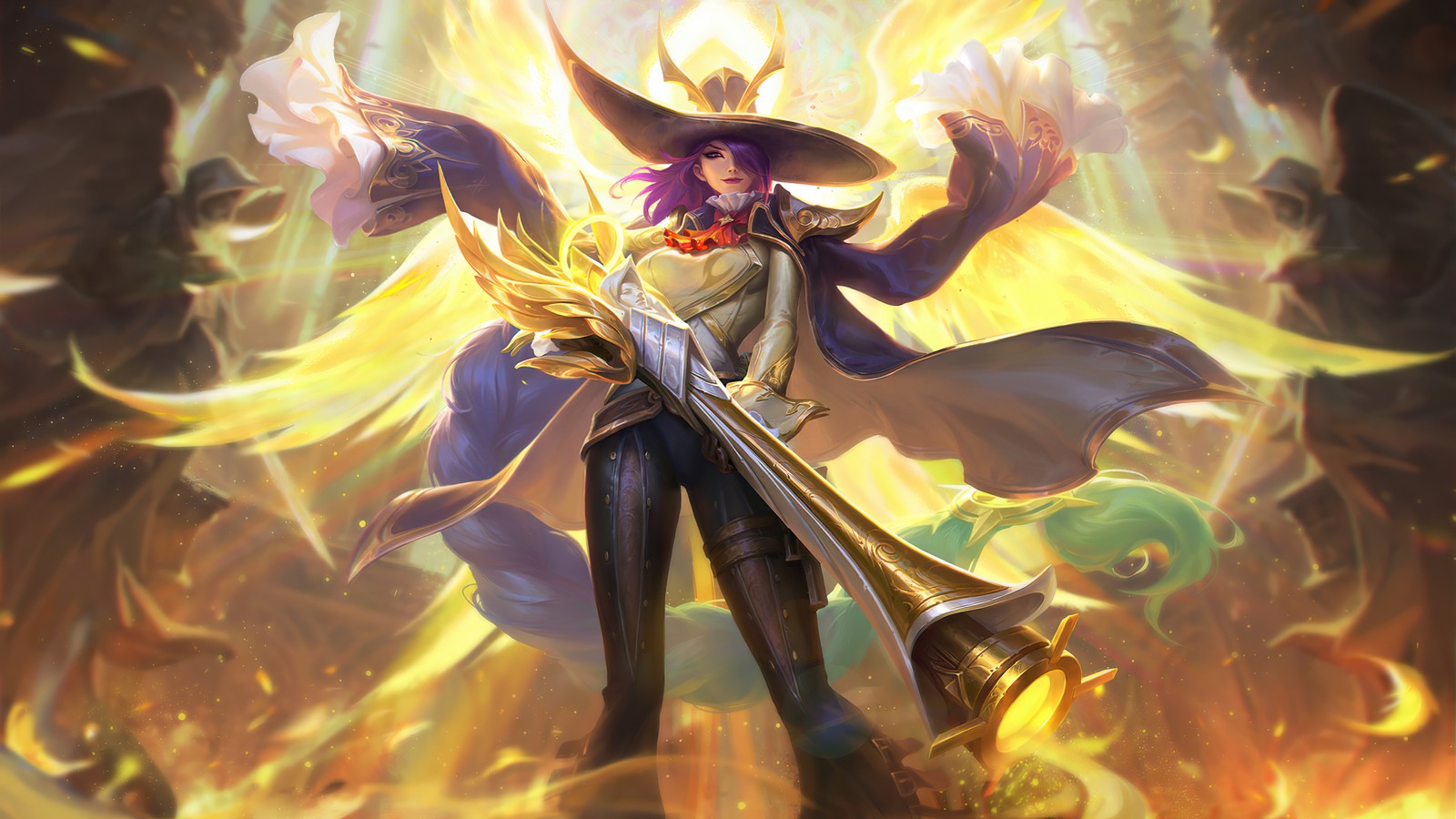 Une femme avec un chapeau et une cape tenant une épée dans le feu (lesley, agent angélique, peau, mobile legends, bang bang)