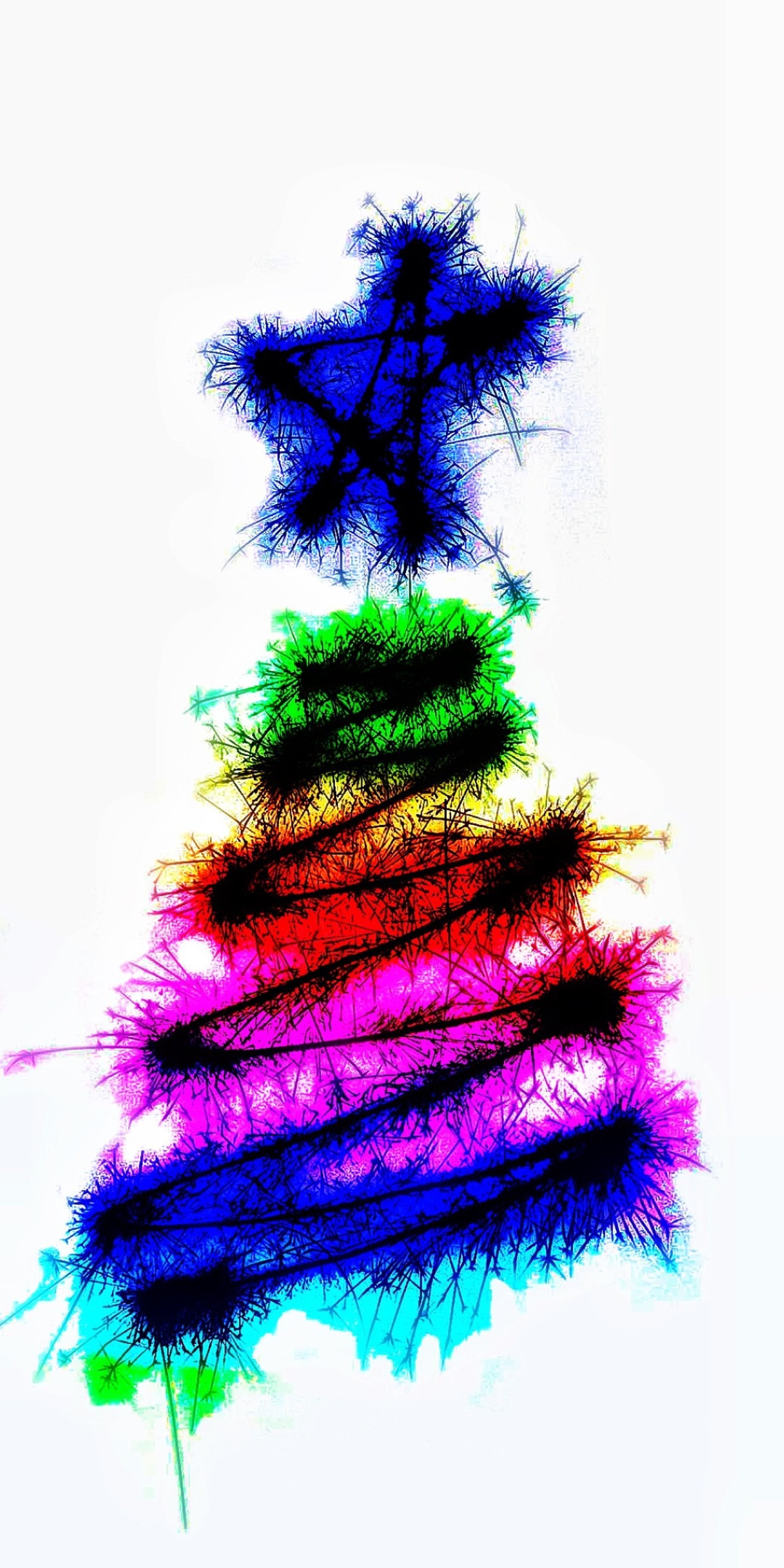 Plumas de colores brillantes están organizadas en un triángulo sobre un fondo blanco (árbol, navidad, vacaciones, papá noel, cembrinas)