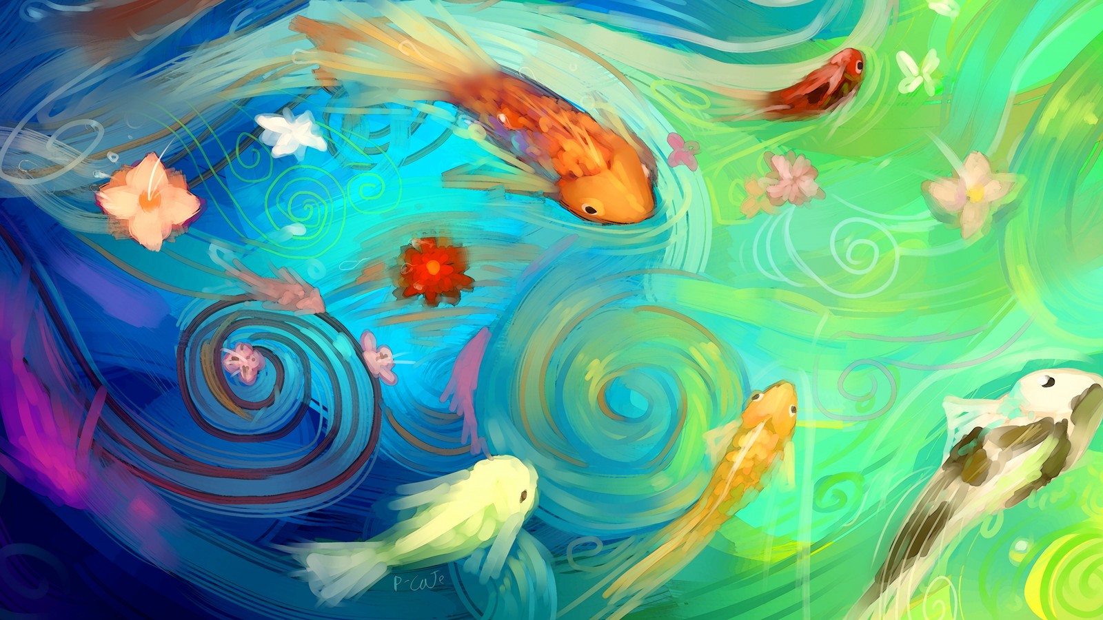 Una pintura de un grupo de peces koi nadando en un estanque (arte abstracto, pintura, pintura acrílica, vertebrado, pez dorado)