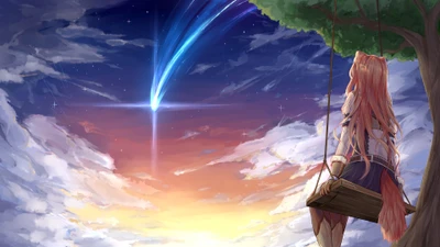 Raphtalia observa uma estrela cadente em uma paisagem serena de anime