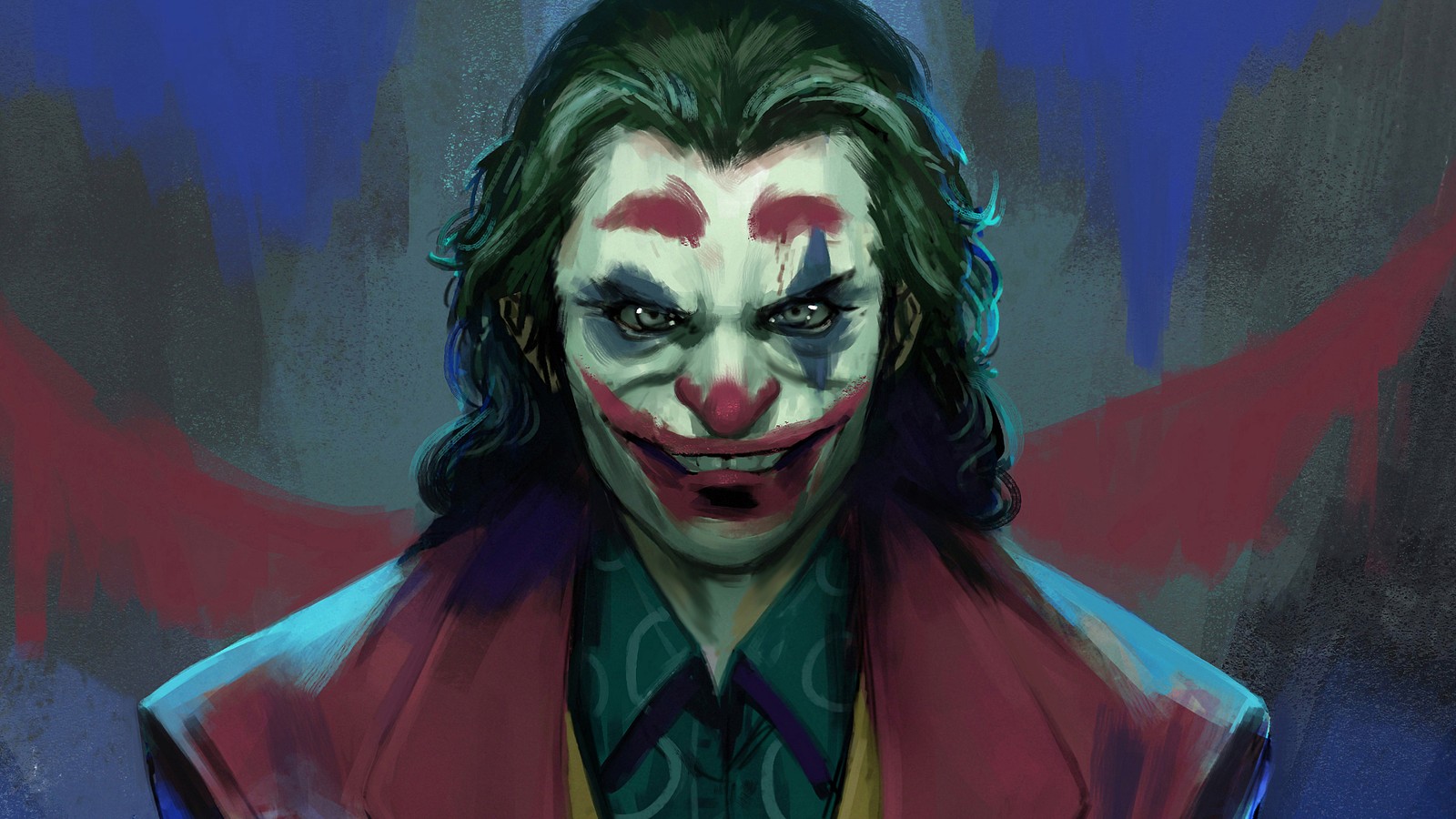 Joker en una chaqueta roja y corbata verde con nariz roja (joker 2019, película, joker, arte)