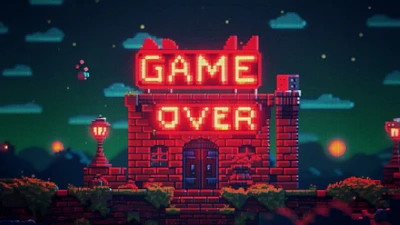 Pixel Art Castle with "GAME OVER" Sign in Vibrant 8-Bit Style