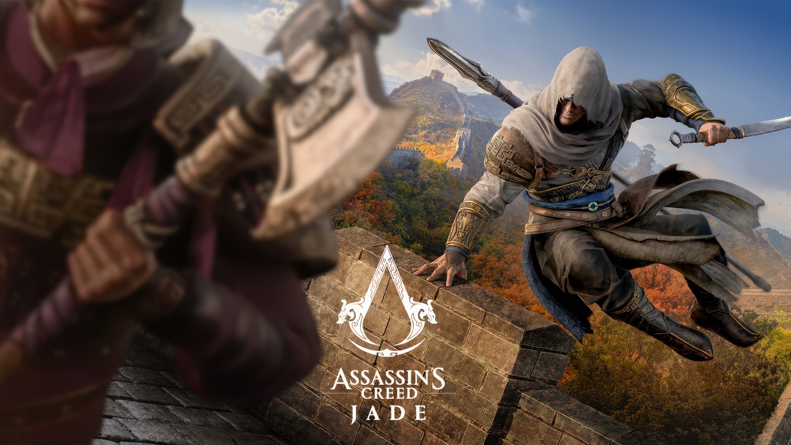 Un homme en capuche tenant deux épées et sautant par-dessus un mur (assassins creed jade, jeu vidéo, assassins creed)