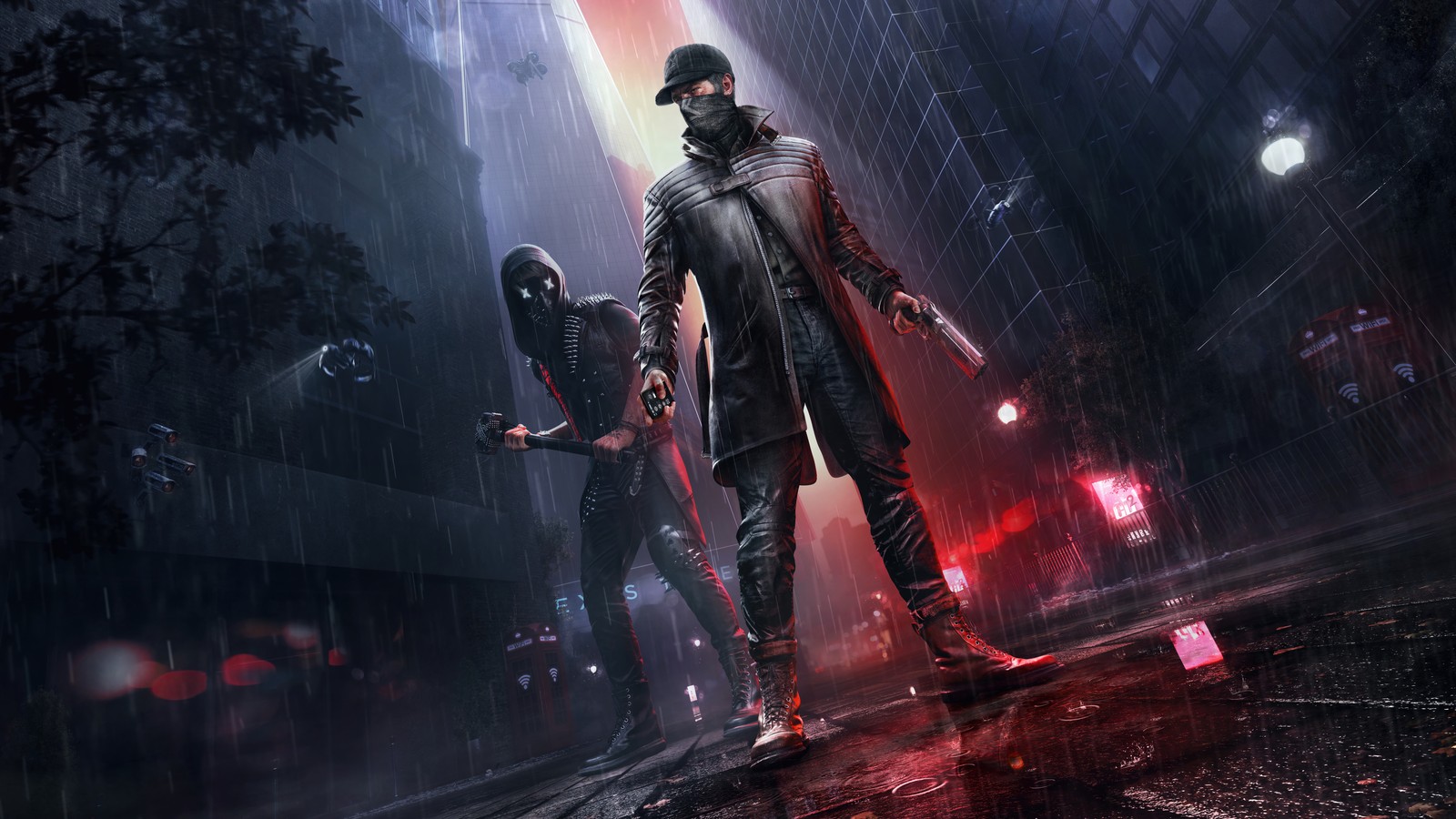 A couple of people standing in the rain in a city (watch dogs legion, bloodline, video game, aiden pearce, wrench)