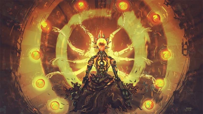 Zenyatta Meditating Amidst Orbs of Harmony in Overwatch Art