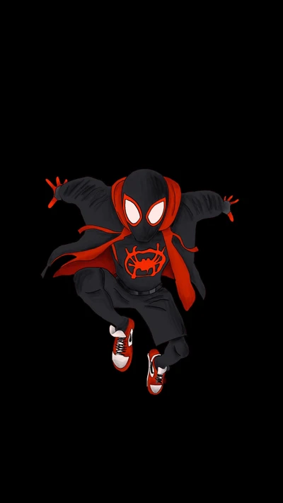 Miles Morales as Spider-Man in dynamic pose, featuring a sleek black and red costume against a dark background.