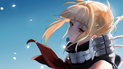 Himiko Toga em uma pose contemplativa contra um fundo de céu vibrante.