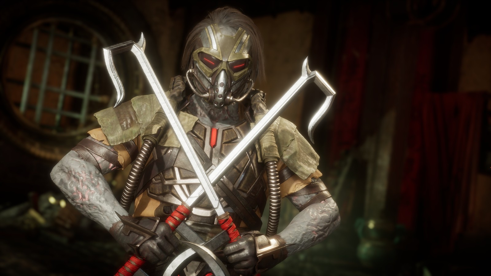 A man in a helmet and two swords stands in a dark room (kabal, mortal kombat 11, video game)