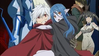 Bell Cranel and Wiene in a dramatic moment, surrounded by allies, from DanMachi Season 3.