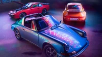 Classic Porsche Lineup with Neon Accents in a Retro Setting