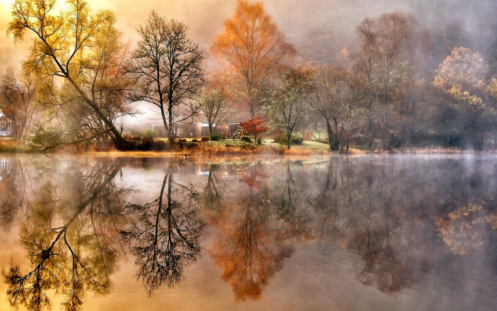 Trees are reflected in the water of a lake in the fall (painting, watercolor painting, landscape painting, art, realism)