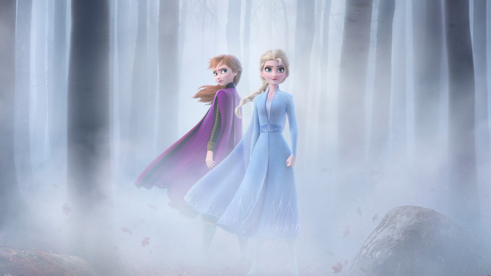 Les princesses gelées se tiennent devant une cascade dans une forêt brumeuse (elsa, anna, frozen, kristoff, blanc)