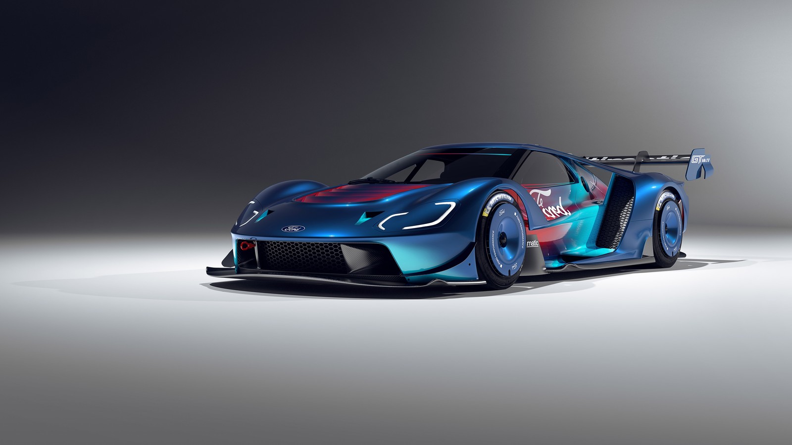 Синий спортивный автомобиль с красной и синей полосой сбоку (ford gt mk iv, суперкары, 2023, 5k, машины)