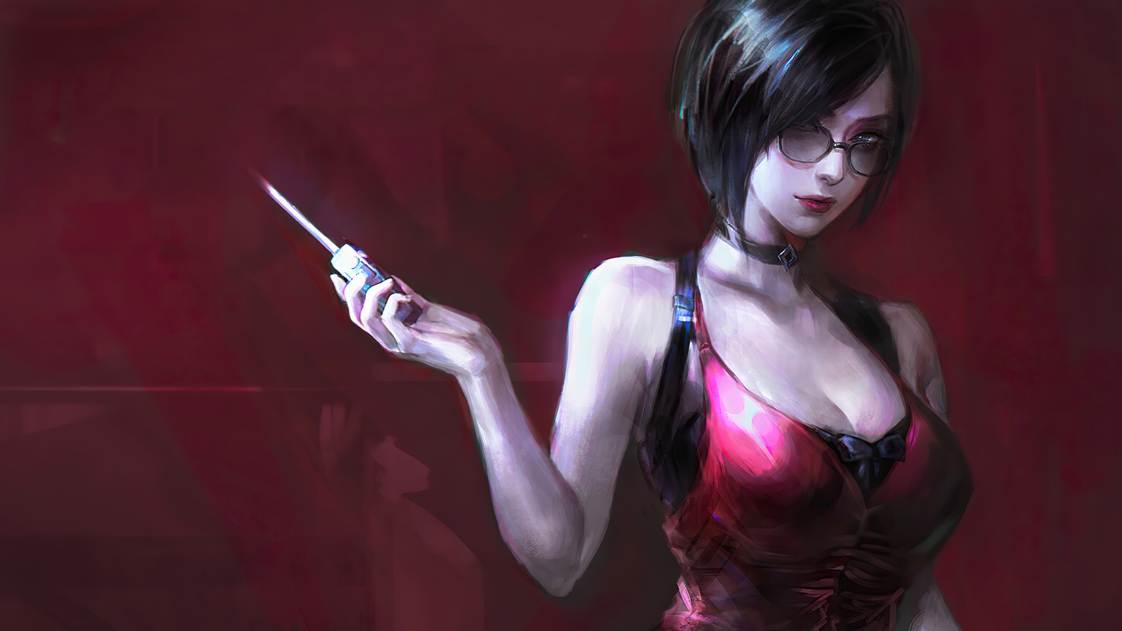 Anime girl with a knife and glasses holding a knife in her hand (ada wong, resident evil 2, remake, re2, video game)