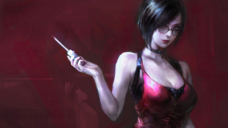 Аниме-девушка с ножом и очками, держащая нож в руке (ада вонг, ada wong, resident evil 2, ремейк, re2)