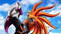 Naruto Uzumaki en mode Baryon confronte Isshiki Otsutsuki contre un ciel vibrant.