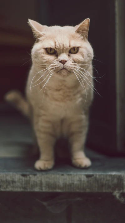 Un chat British Shorthair avec des moustaches frappantes se tient à une fenêtre, dégageant confiance et curiosité.