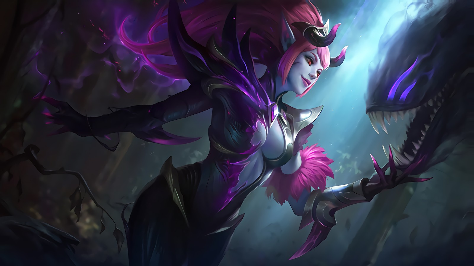 Un gros plan d'une femme avec des cheveux roses et une tenue violette (selena, mobile legends, jeu vidéo)