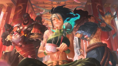 Akali aprecia chá com Zed e Yasuo entre flores de cerejeira em League of Legends