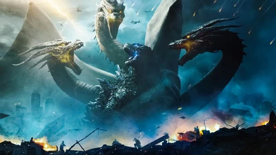 Choque épico entre Godzilla y King Ghidorah en un paisaje urbano post-apocalíptico