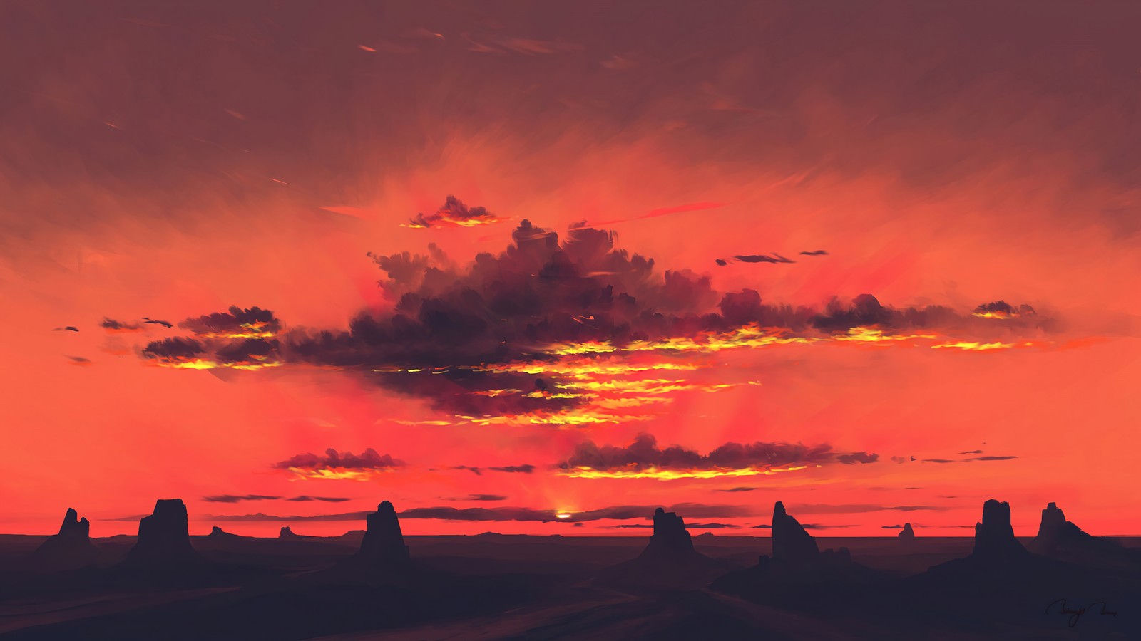 Une peinture d'un coucher de soleil avec un grand nuage dans le ciel (coucher de soleil, paysage, nuages, art numérique)