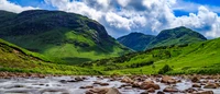 Paysage de haute terre luxuriant avec une rivière coulant et des montagnes majestueuses