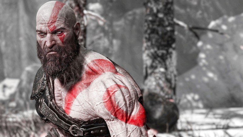 Крупный план мужчины с бородой в снежной местности (kratos, god of war, видеоигра)