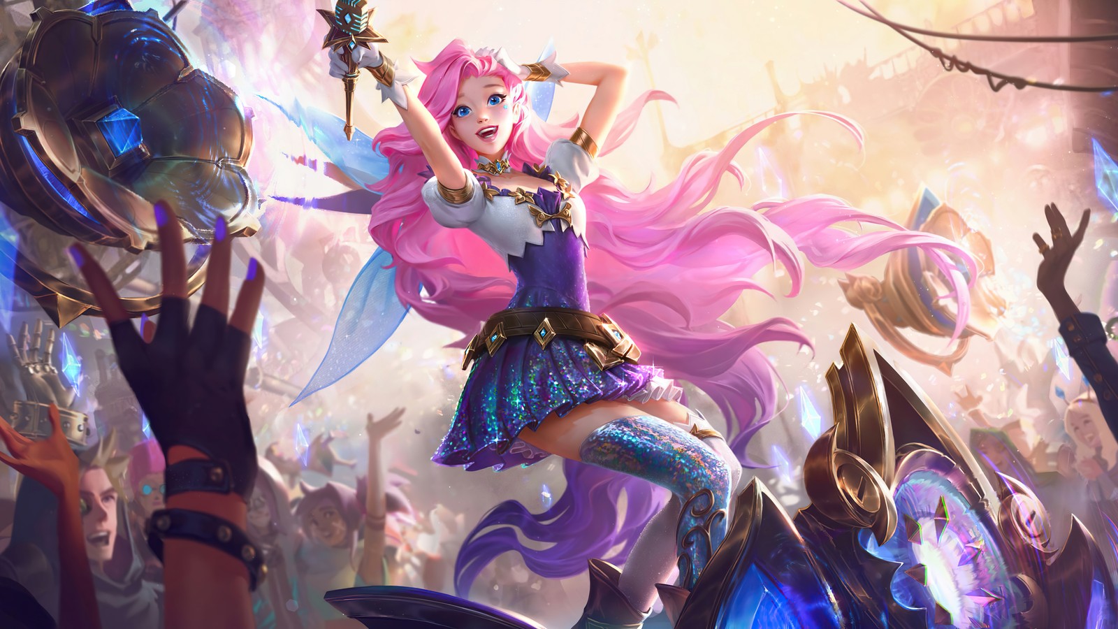 Uma mulher em um vestido rosa segurando uma espada (seraphine, base, arte visual, lol, league of legends)