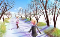 Vocaloid Girls Playfully Strolling Through a Snowy Landscape