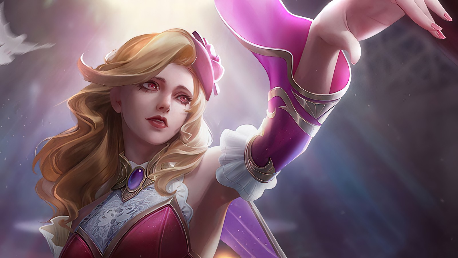 Un gros plan d'une femme avec une épée en tenue violette (carmilla, filles magiciennes, peau, mobile legends, bang bang)