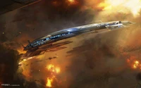 La nave del Comandante Shepard en medio del caos cósmico