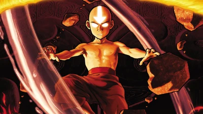 Aang, o Avatar, canaliza sua energia enquanto está cercado por rochas elementares, mostrando seu domínio sobre a dobra do ar em uma cena vibrante e dinâmica.