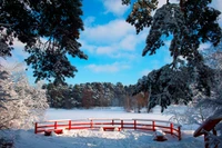 Paysage d'hiver enneigé avec un pont rouge sous un ciel dégagé