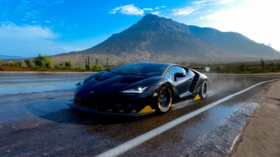 Lamborghini Centenario LP 770-4 em Forza Horizon 5, exibindo detalhes impressionantes em 8K contra um cenário montanhoso.