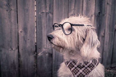 Niedlicher Hund mit Brille vor einem rustikalen Holz-Hintergrund