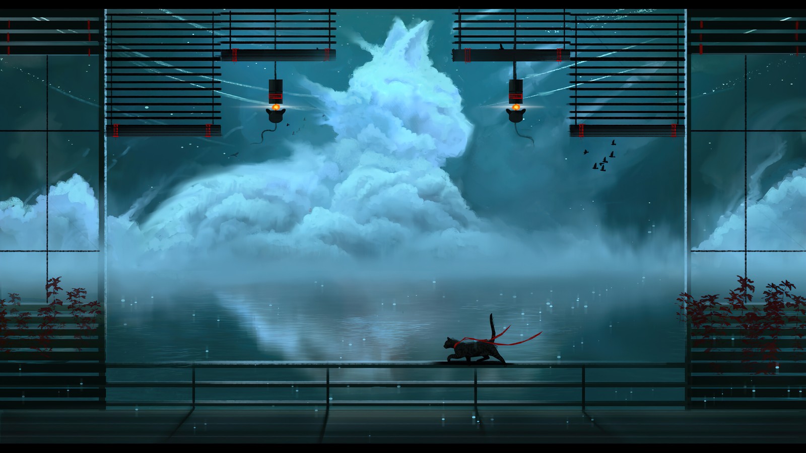 cat, clouds, night, scenery, digital art wallpaper