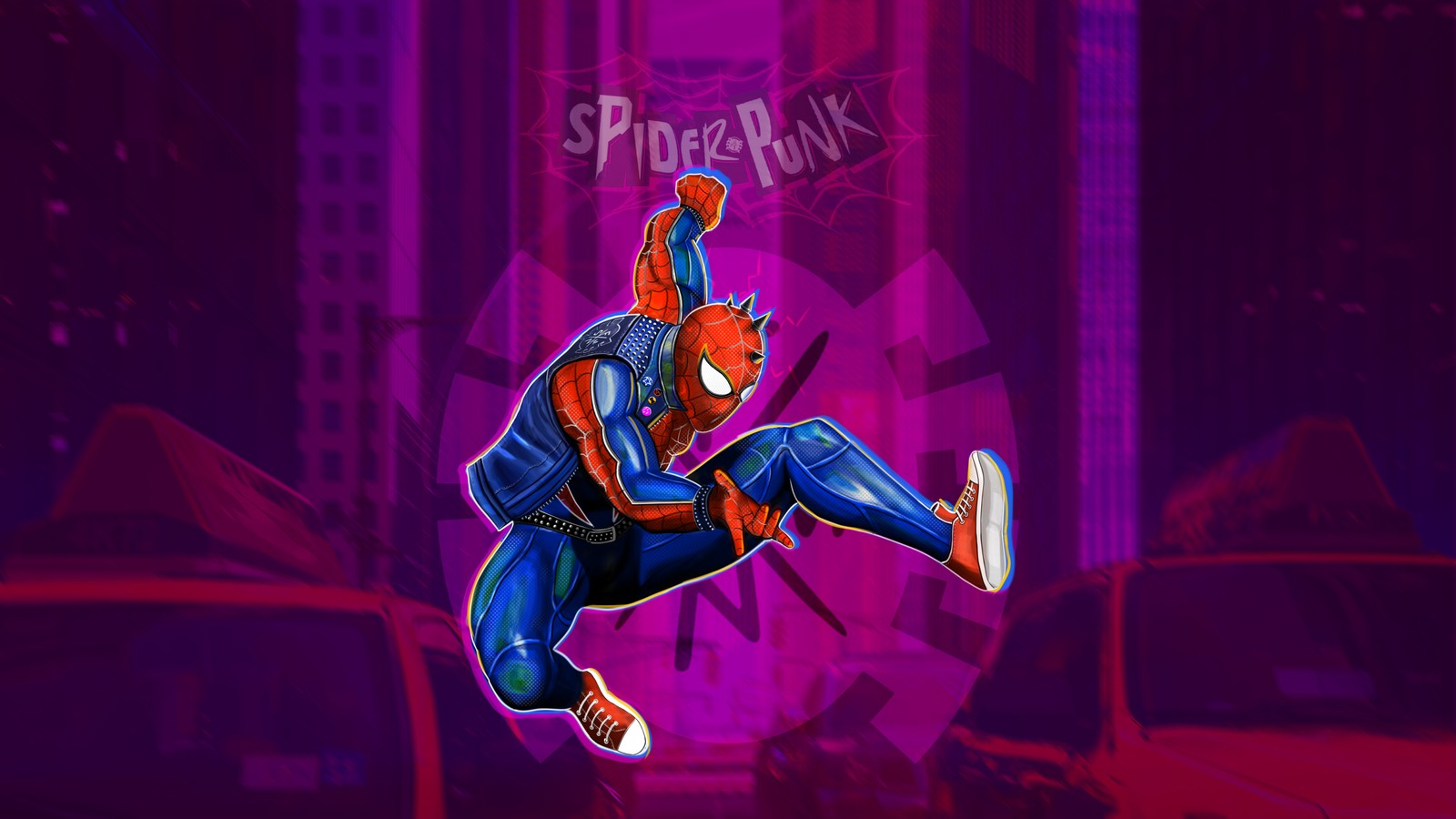 Homme araignée dans la ville avec un fond violet (spider punk, spider man à travers le spider verse, spider man across the spider verse, marvel comics, films 2023)