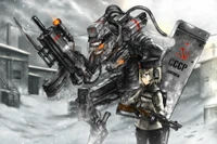 Futuristischer Mecha-Krieger und Soldat in einer verschneiten Landschaft