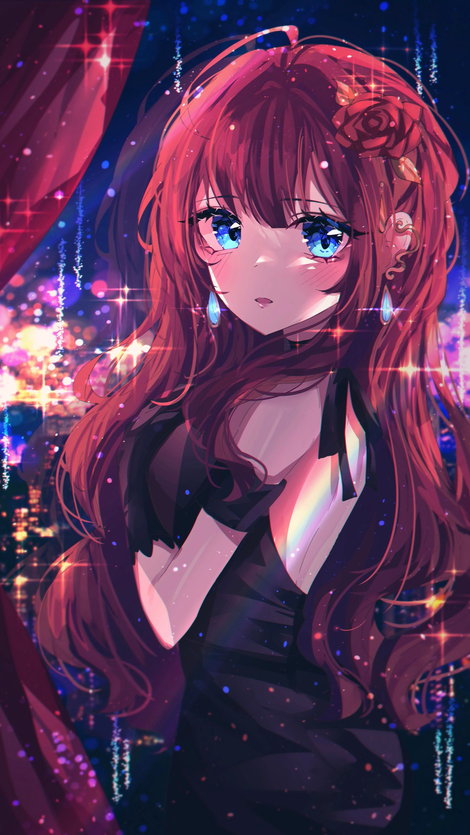 Anime girl with long red hair and blue eyes standing in front of a curtain (anime, anime art, art, sleeve, cartoon)