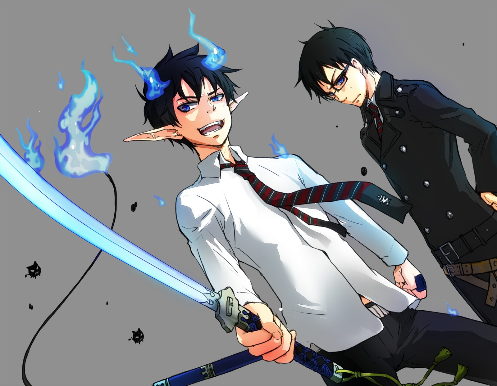 Anime-charaktere mit schwertern und einem dämon auf grauem hintergrund (yukio okumura, rin okumura, blue exorcist, anime, exorzist)