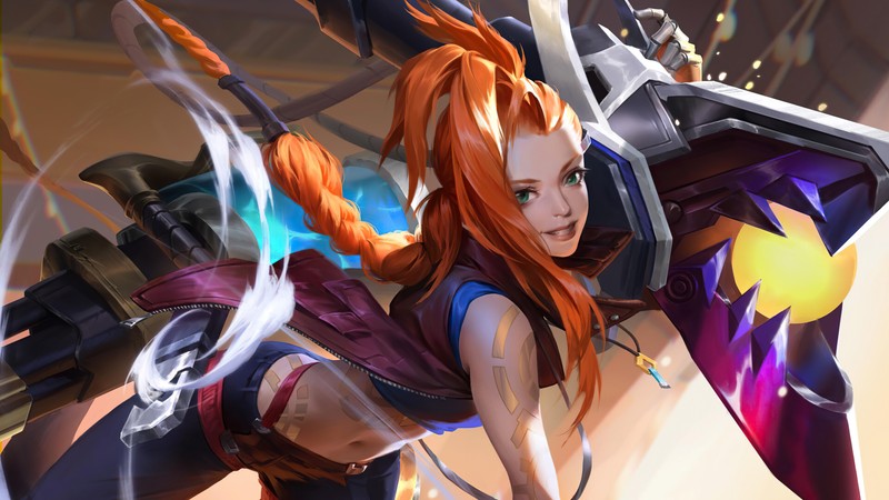 Женщина с длинными рыжими волосами и мечом в игре (джинкс, jinx, одиссея, league of legends, lol)