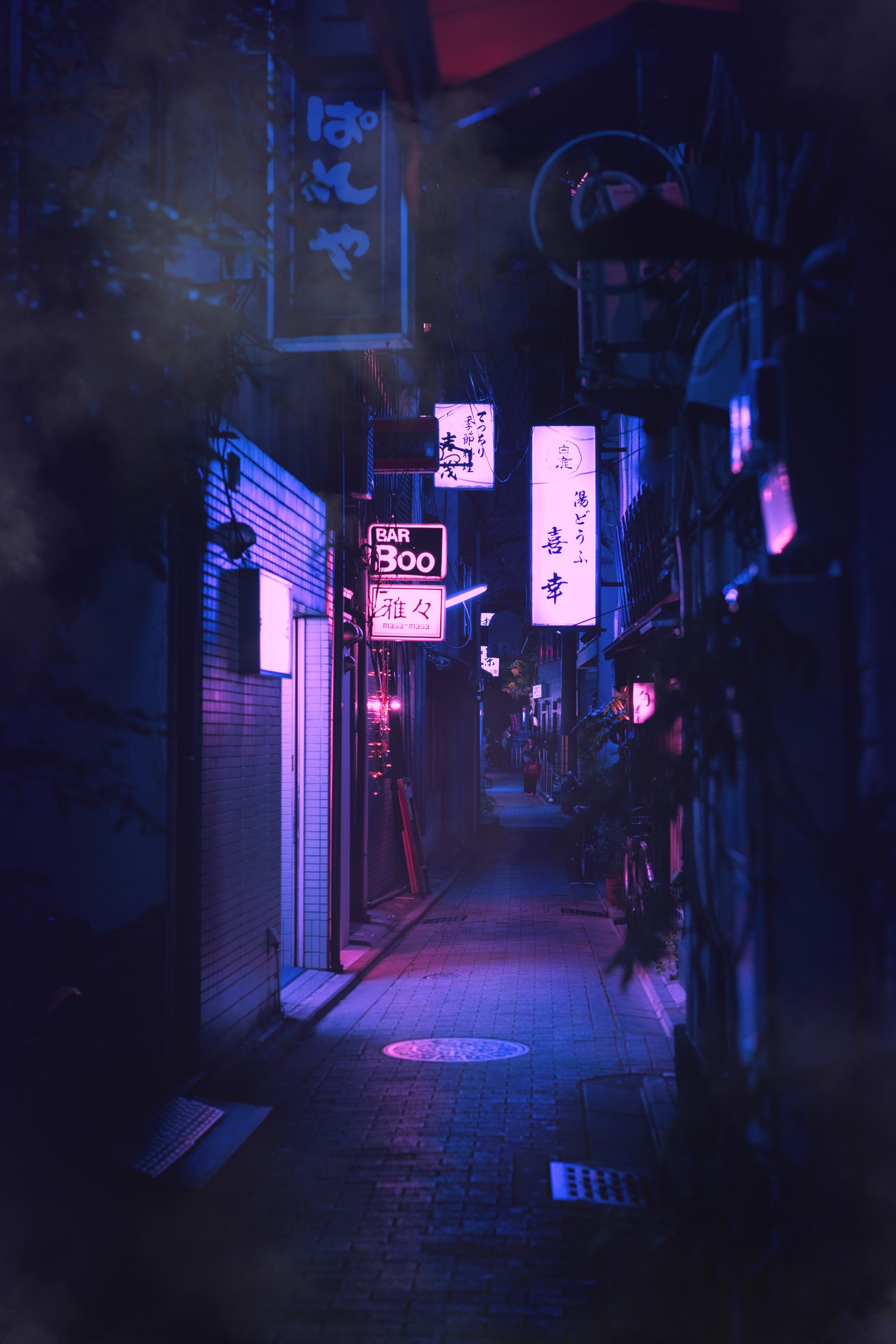 Hay una calle con muchos letreros (arte, ciudad, japón, neón, noche)