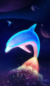 A vibrant, ethereal dolphin emerging from a colorful, glowing coral formation in a cosmic underwater scene.