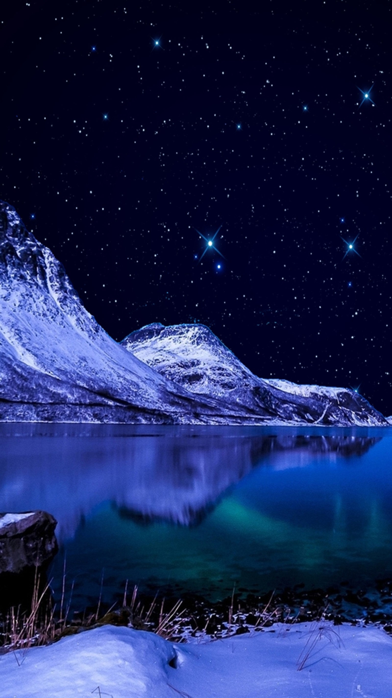 Starry night over a lake with a mountain in the background (cool, hd, lake, landscape, mountains)